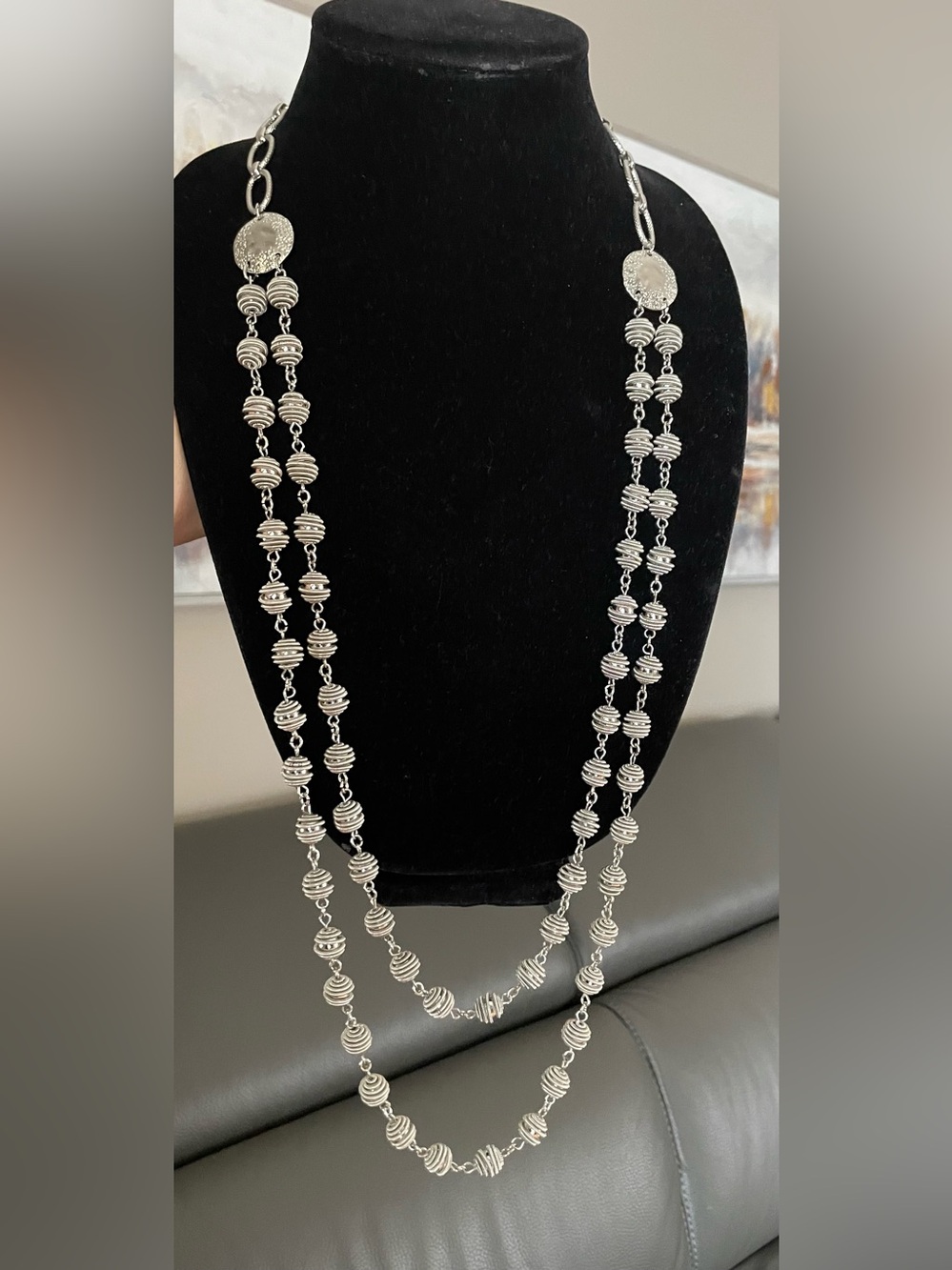 NWOT Chico's Silver-Tone Double Strand Ribbed Bead Necklace